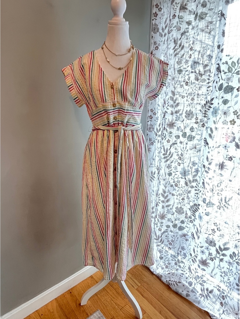 LOFT Rainbow Striped Seersucker Button-Front Midi Dress - Size 2